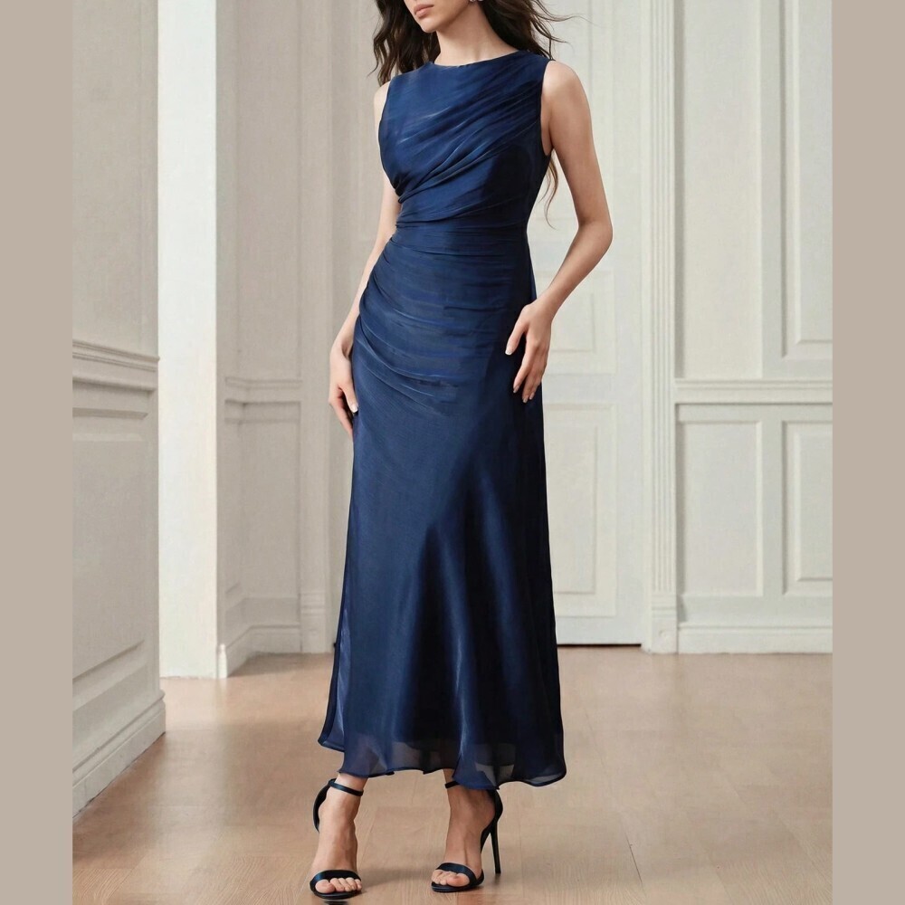 Navy Blue Draped Ruched Round Neck Sleeveless Maxi Dress